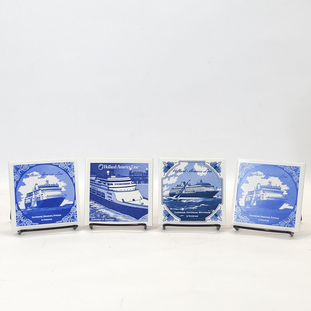 Vtg Holland America Line Tile Coaster Delft Blue Maritime Coastal Decorative 4pc